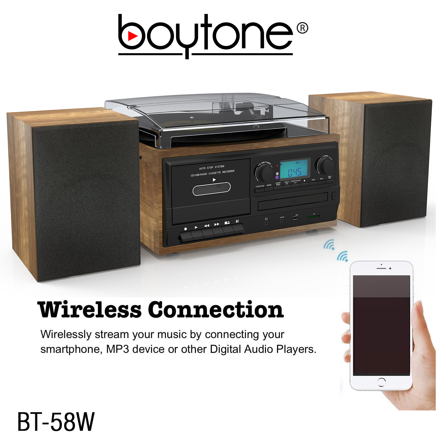 Boytone BT-58W Bluetooth Record Player Turntable with CD Player, Convert LP Vinyl, CD to MP3 Player, Cassette, AM/FM Radio, Aux, USB/SD Encoding, Remote Control, Audio Music Player Built in Amplifier